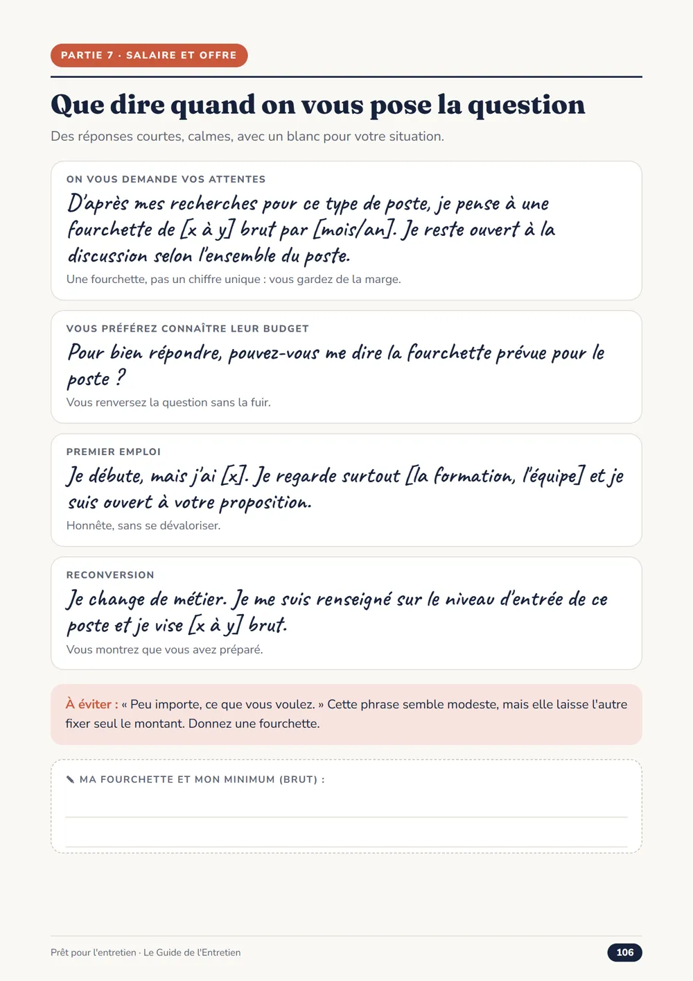 Page « Que dire quand on vous pose la question » sur le salaire, Guide de l’Entretien
